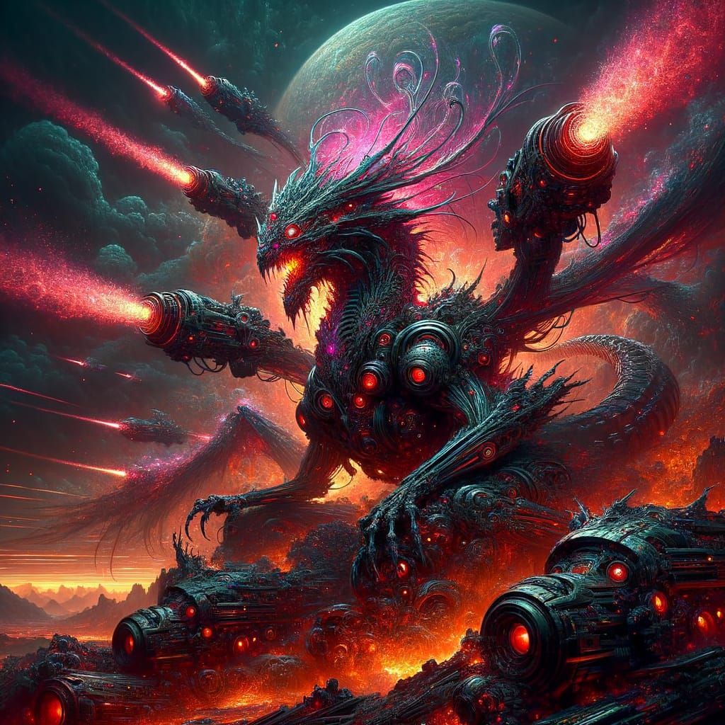 Dragon of Golgotha Dominates Ruins in Cyberpunk Landscape