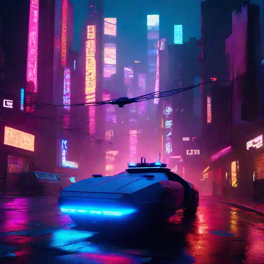 23rd century police hover car, no wheels, parked in dystopia...