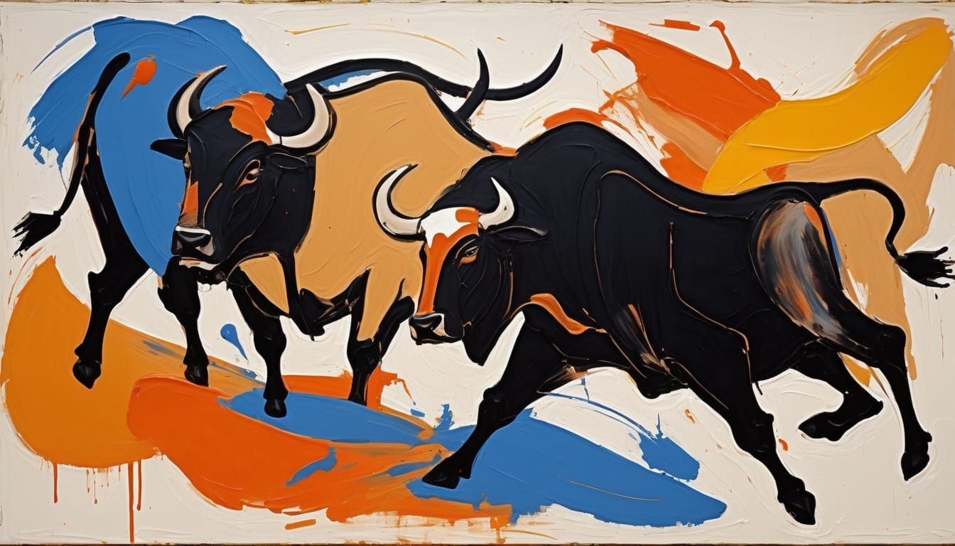 Vibrant Oxen in Motion: Abstract Expressionist Masterpiece