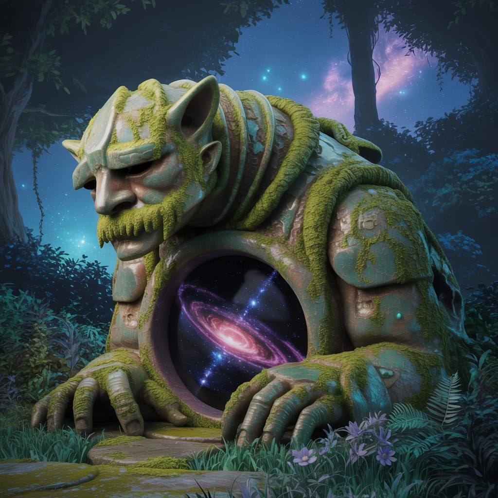 Mossy Golem Dragon Guards Cosmic Entrance in Enchanted Fores...