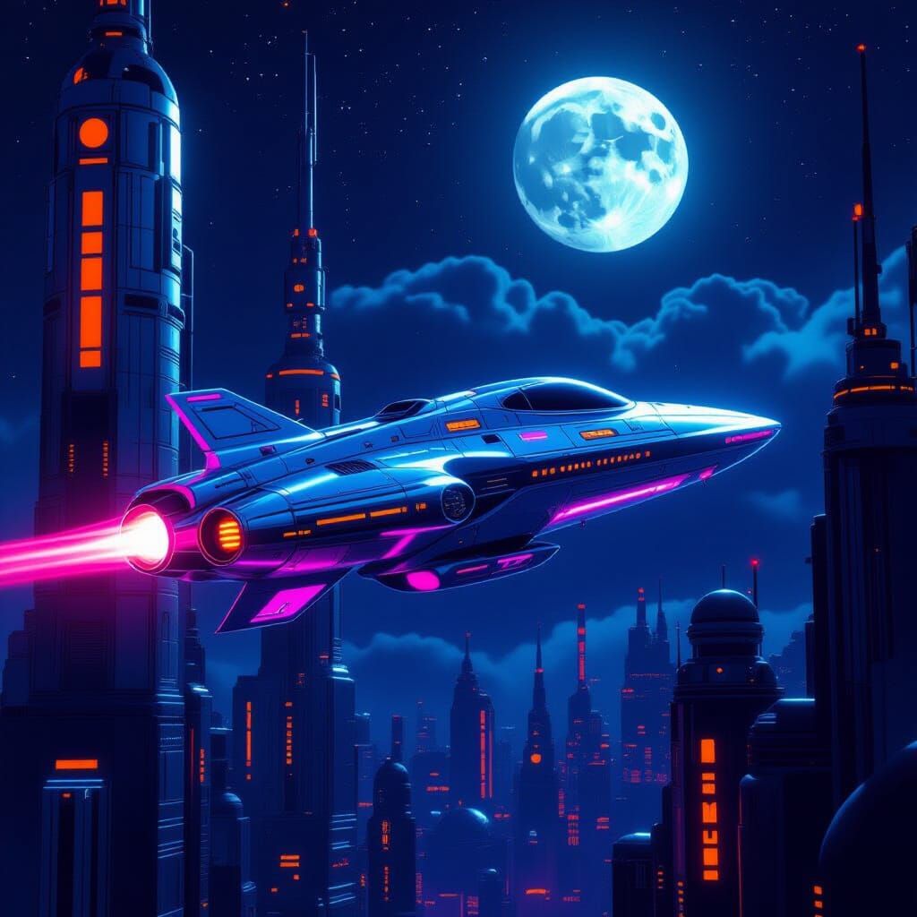 Sleek Spaceship with Neon Buildings in Sci-Fi Style