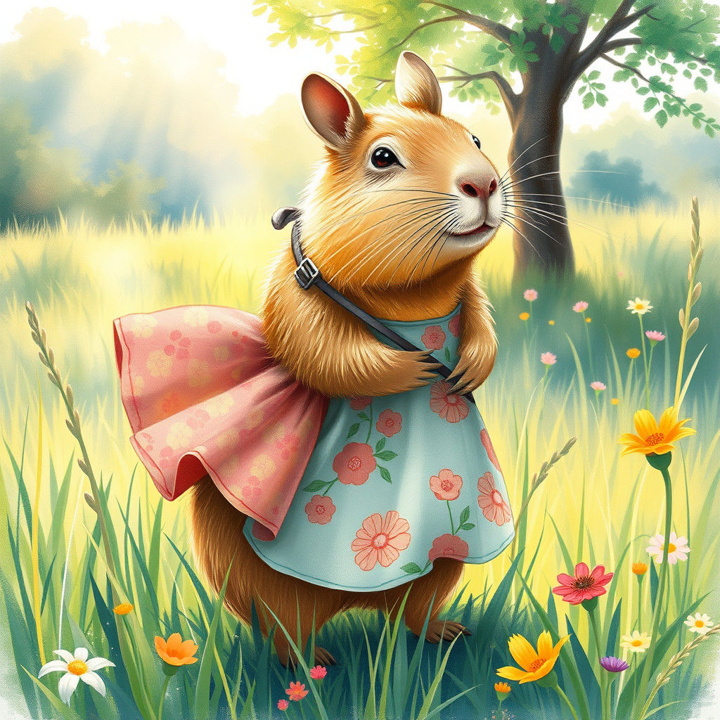Capybara in Floral Dress: Whimsical Meadow Illustration