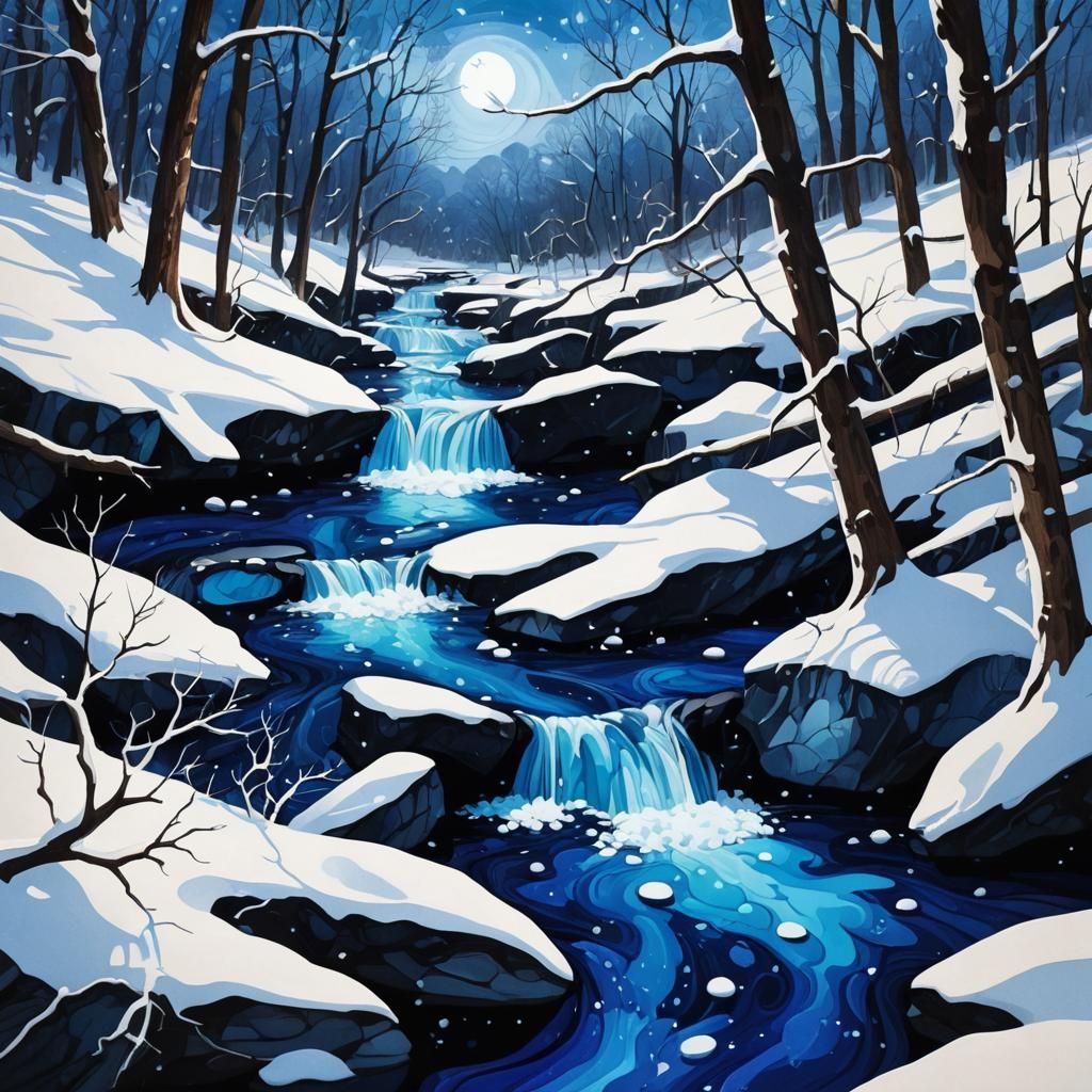 Winter Wonderland River in Glowing Blue, Fractal, and 3D Sha...