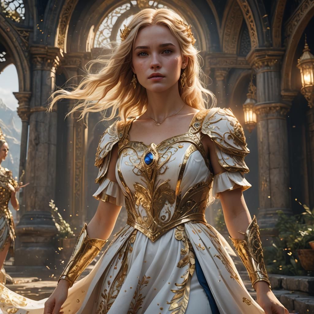 Golden Haired Girl in Fantasy Dress, Detailed Art
