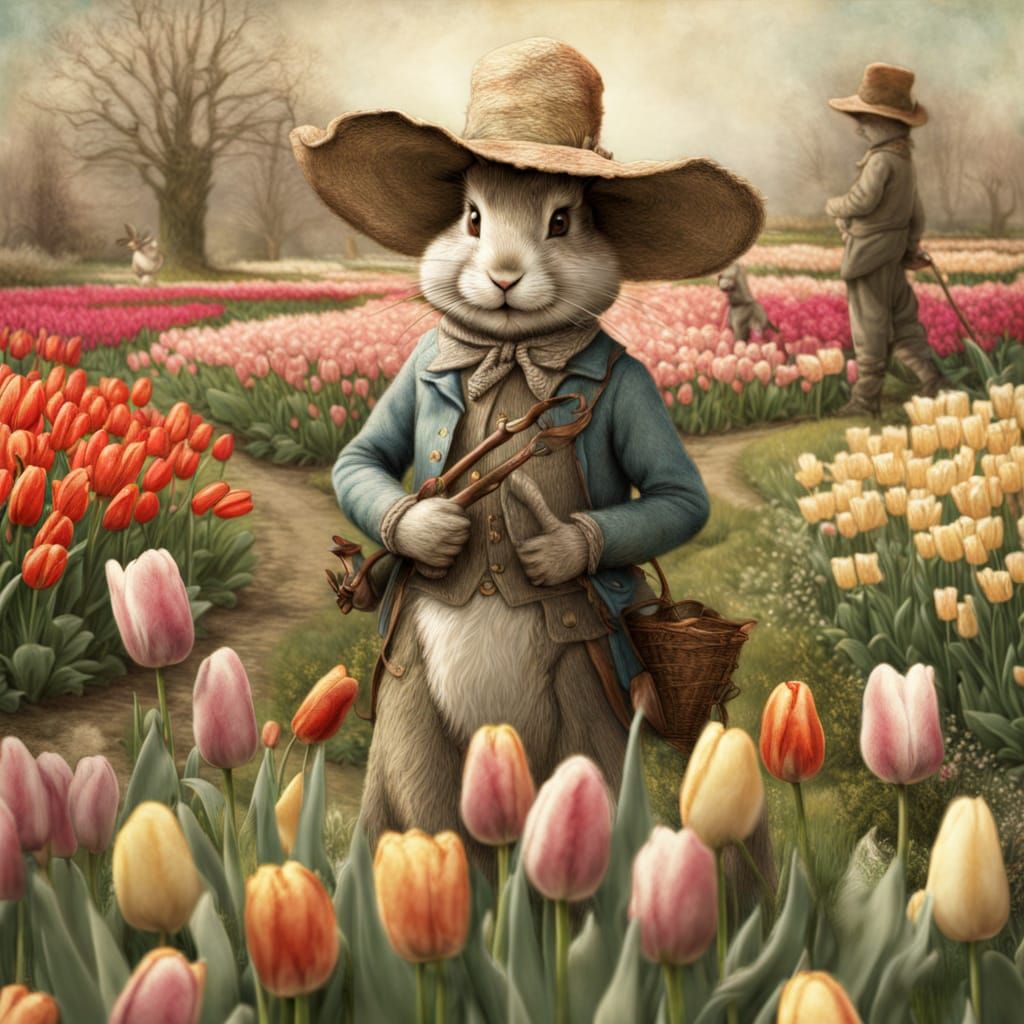 Whimsical Rabbit Gardener in Vibrant Spring Tulip Garden