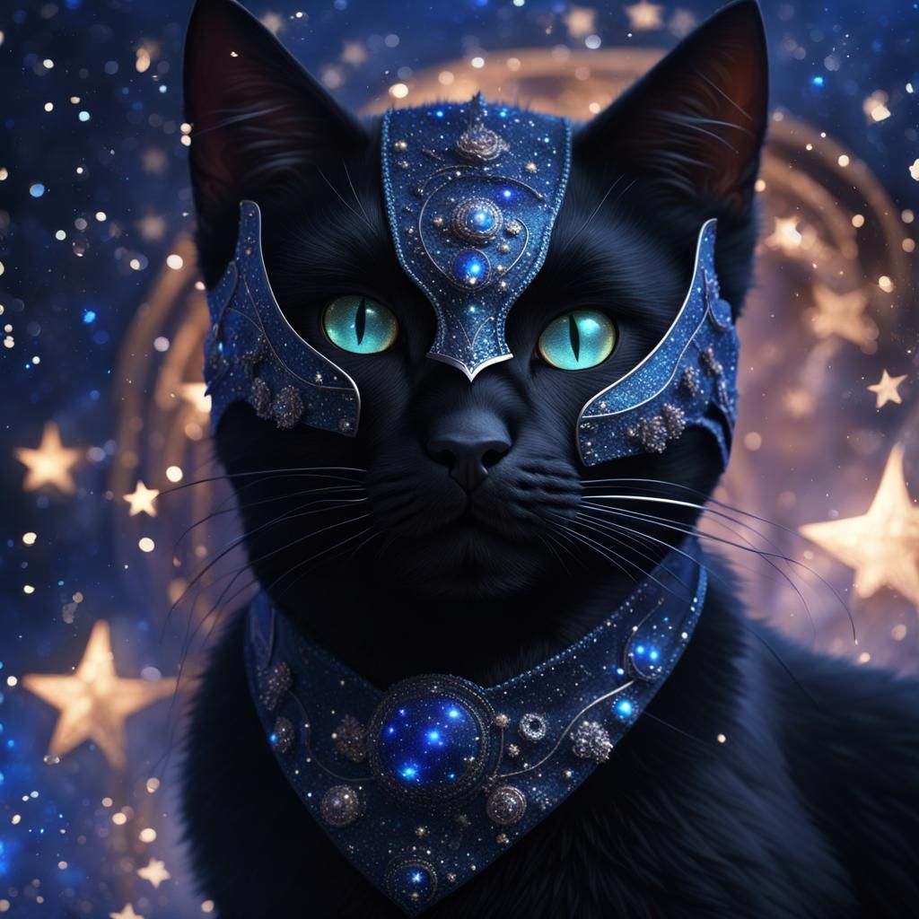 Black Cat in Mask Surrounded by Stars, Detailed Art