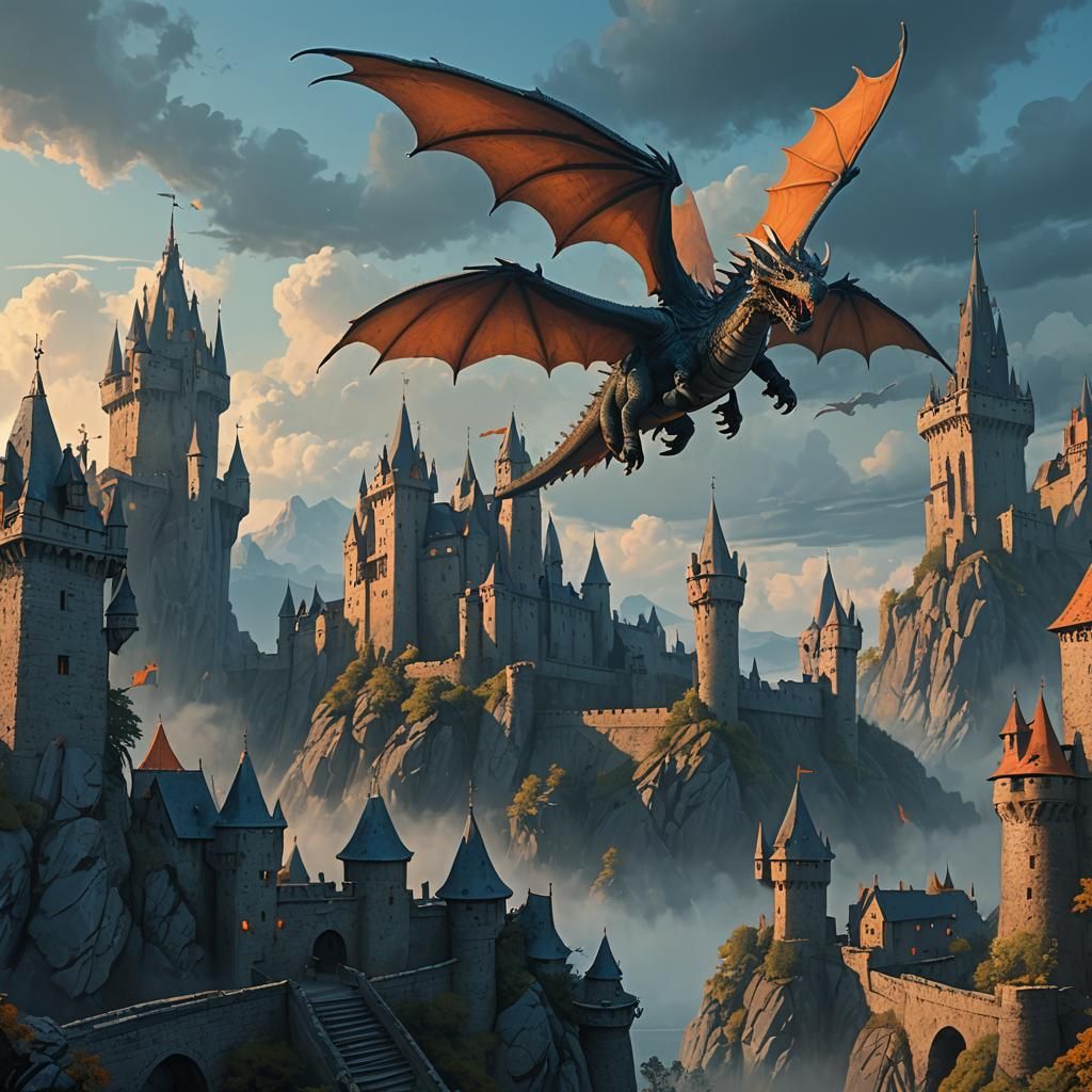 Dragon Soaring Over Castle: Fantasy Matte Painting