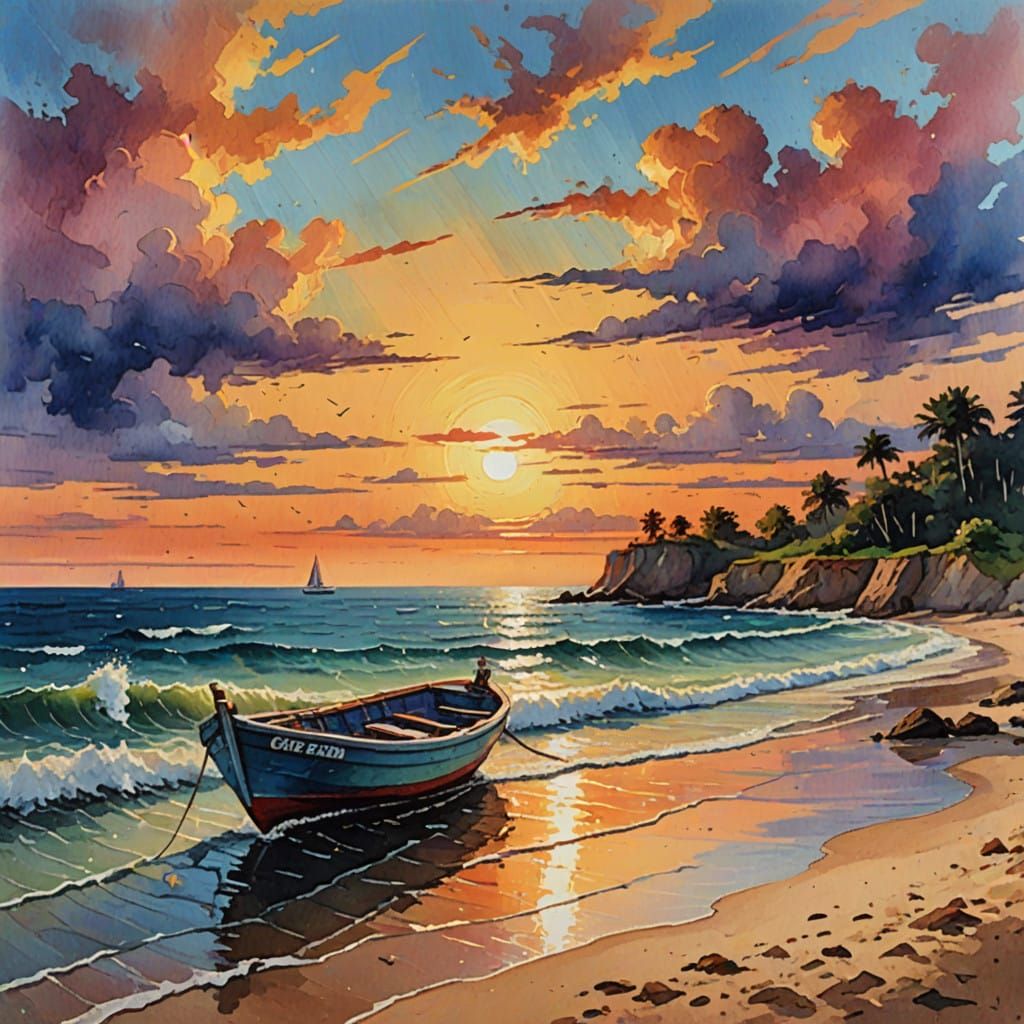 Epic Sunset Beach Scene with Boat in Gouache Masterpiece