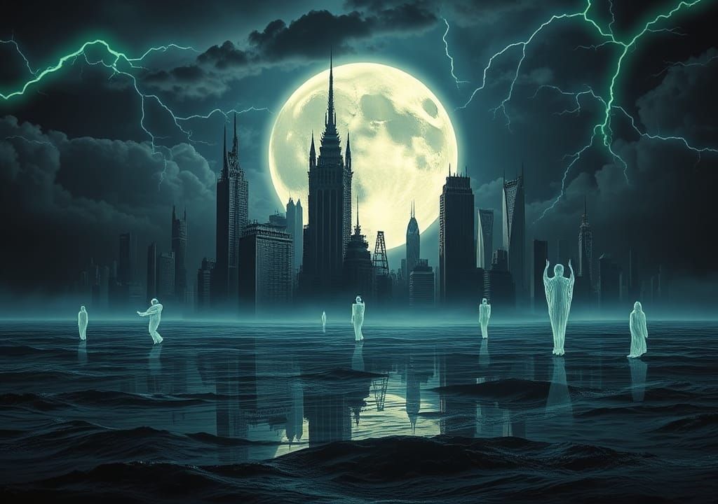 Flooded Cityscape at Night with Moon in Digital Art