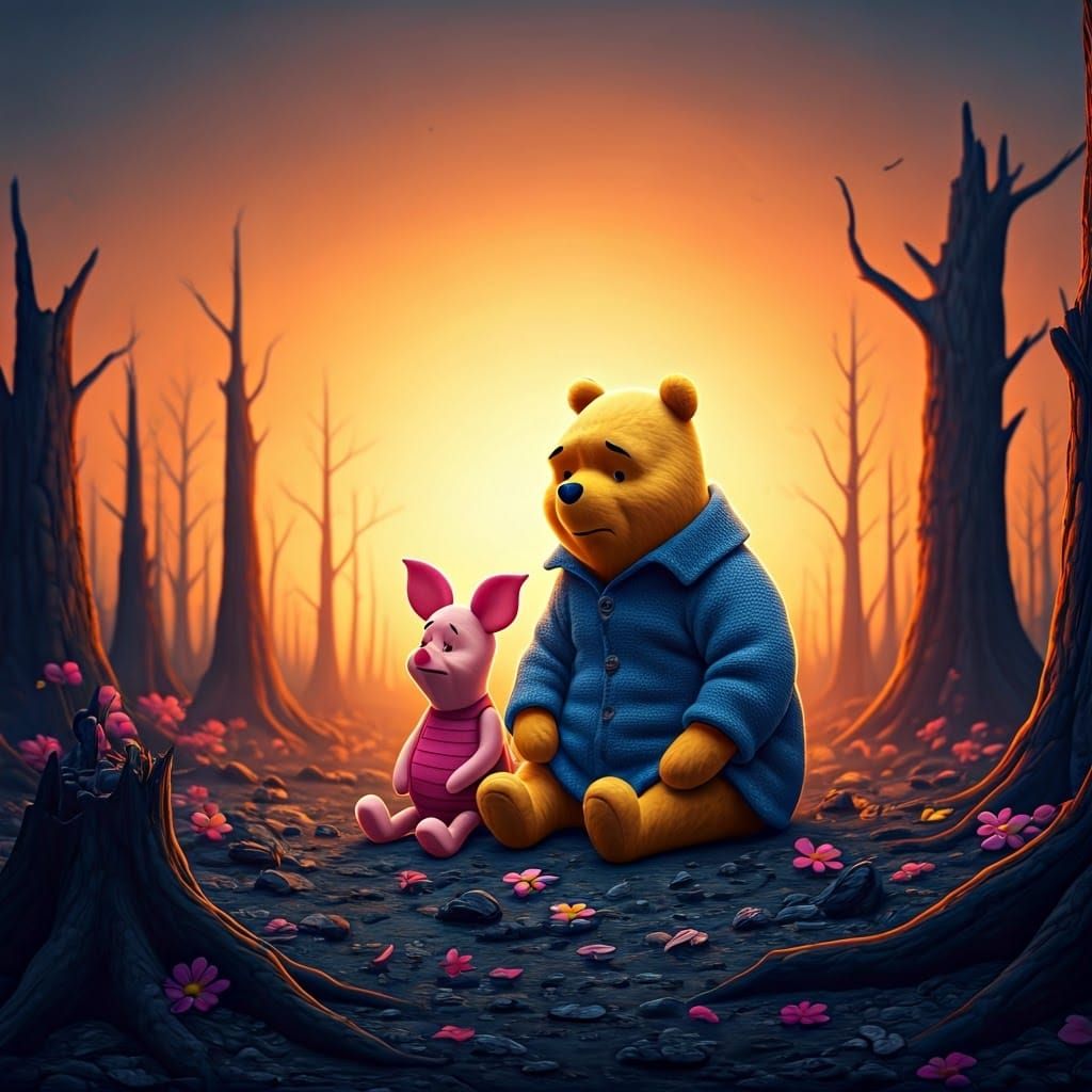 Pooh and Piglet in a Burned Forest, Digital Art