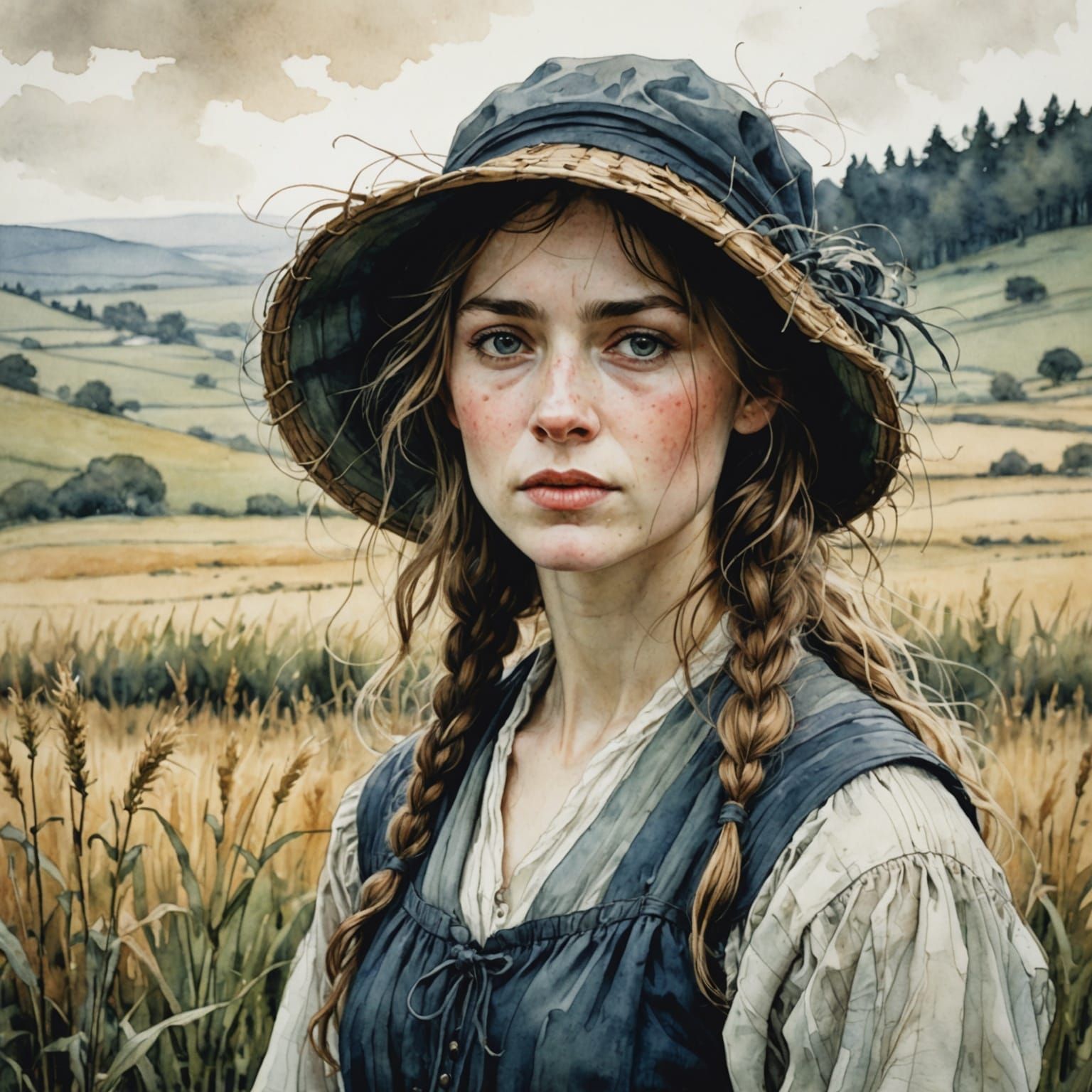 Woman Peasant Portrait in Watercolor Style of Rackham