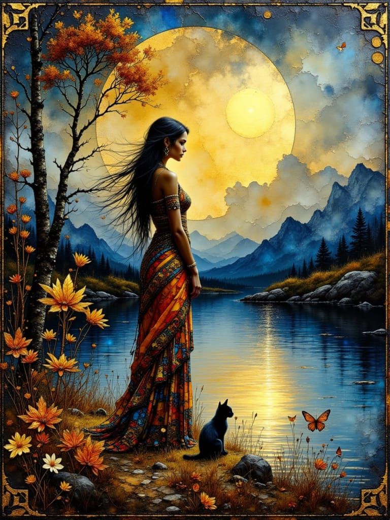 Native American Woman by Moonlit Lake with Cat