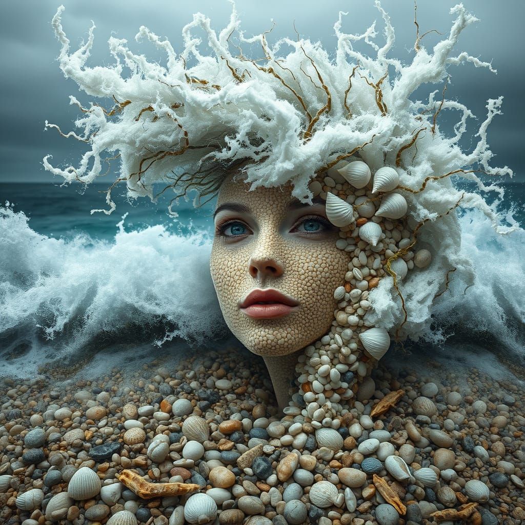 Woman Emerges from Tidal Wave, Composed of Pebbles and Shell...