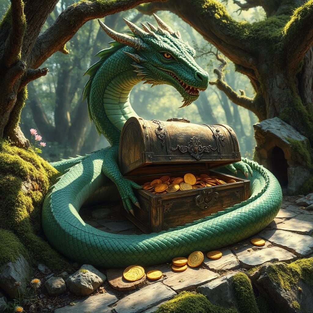 Emerald Dragon Hoarding Treasure in Sunlit Grove