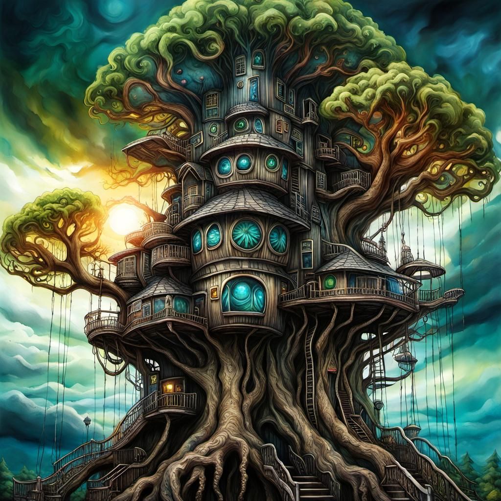 Futuristic Abstract Treehouse in Psychedelic Art Style