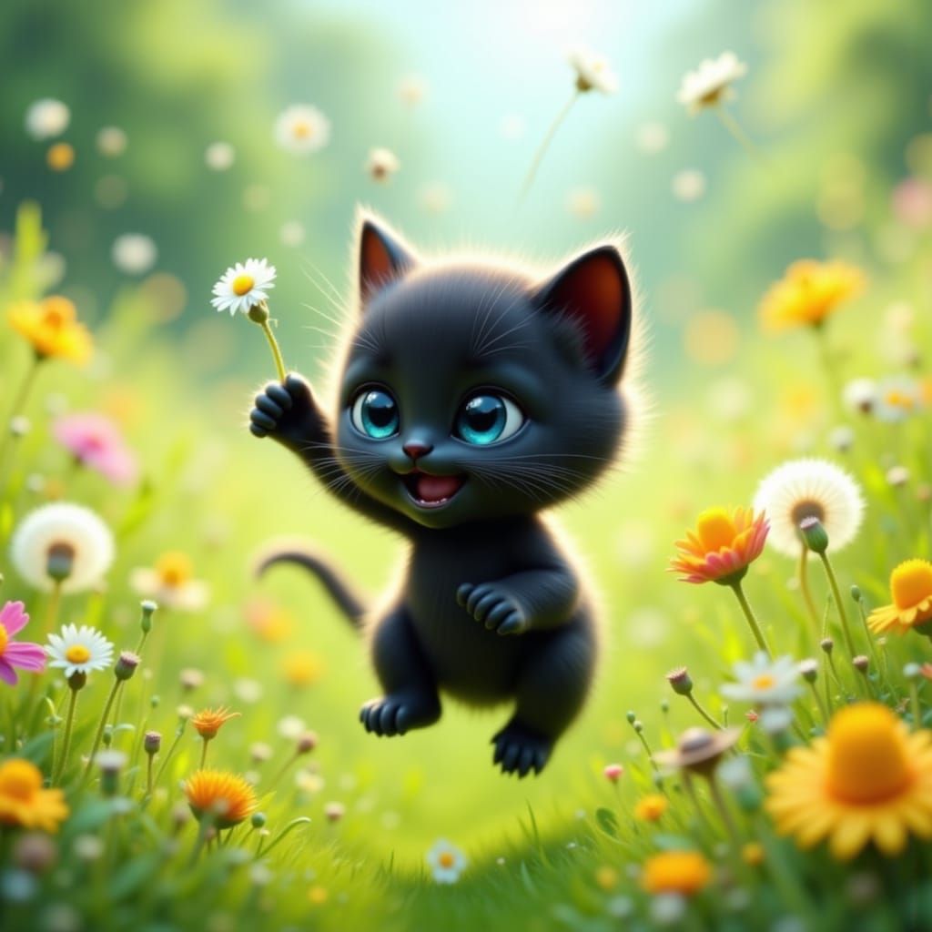Cartoon Kitten Playing in a Wildflower Meadow