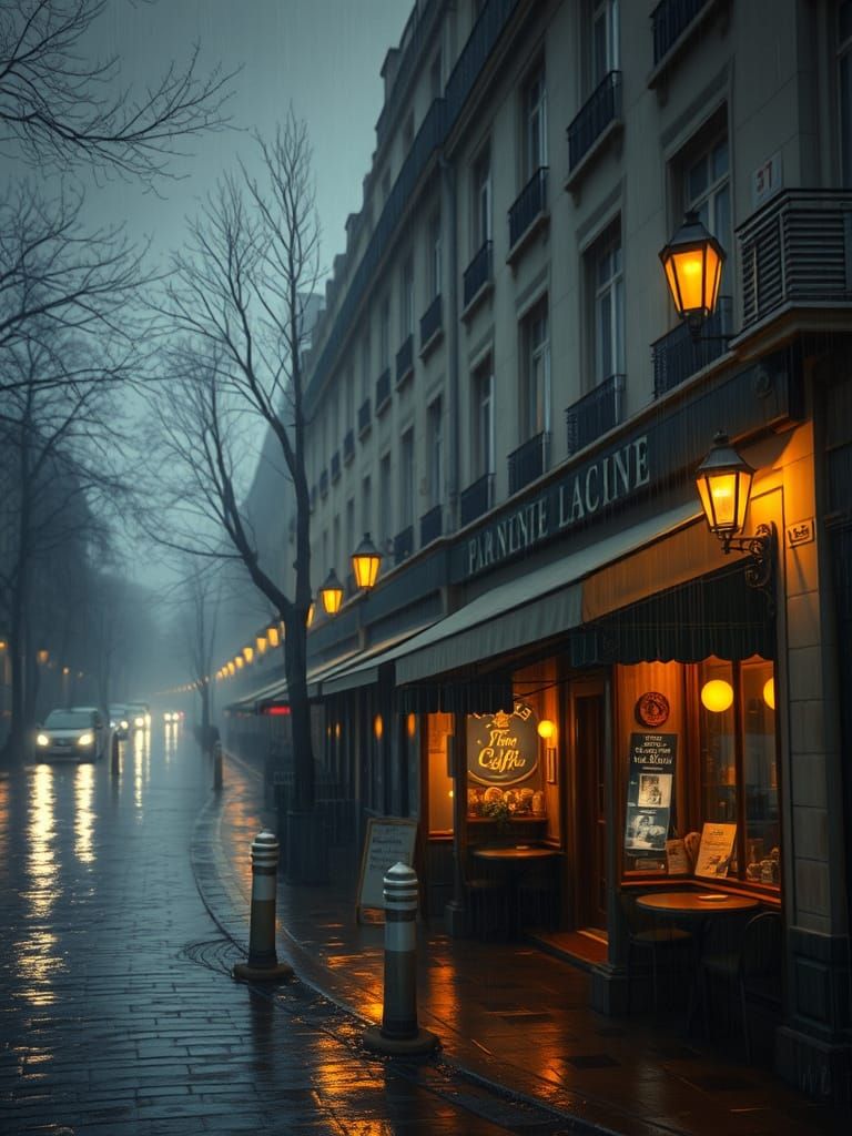 Impressionist Parisian Café Scene in the Rain
