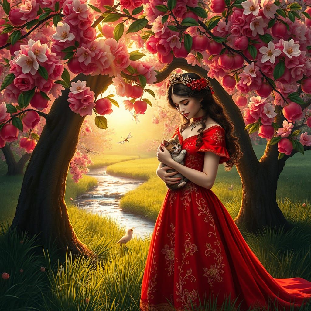 Lady in Red Embroidery Beneath Blossoming Apple Tree with Dr...