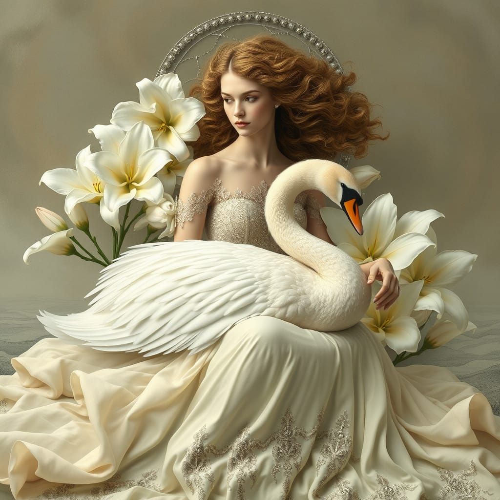 Ethereal Woman with Swan and Lilies in Art Nouveau Style
