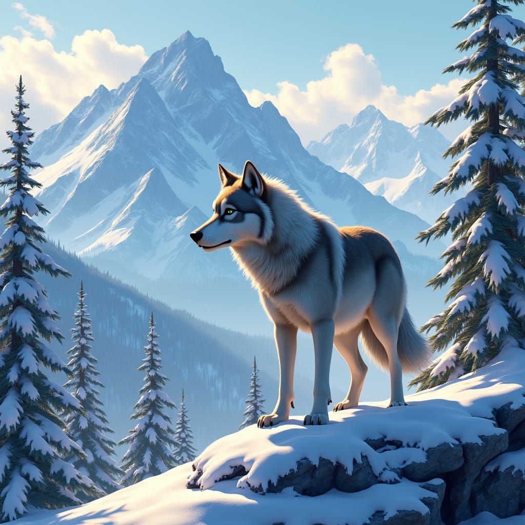 Wolf Dog on Snowy Mountain in Anime Style