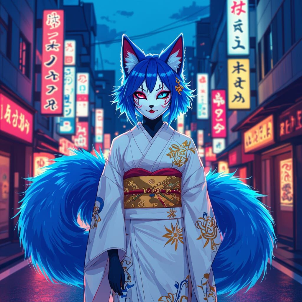 Blue Kitsune in Neon Tokyo Streetscape