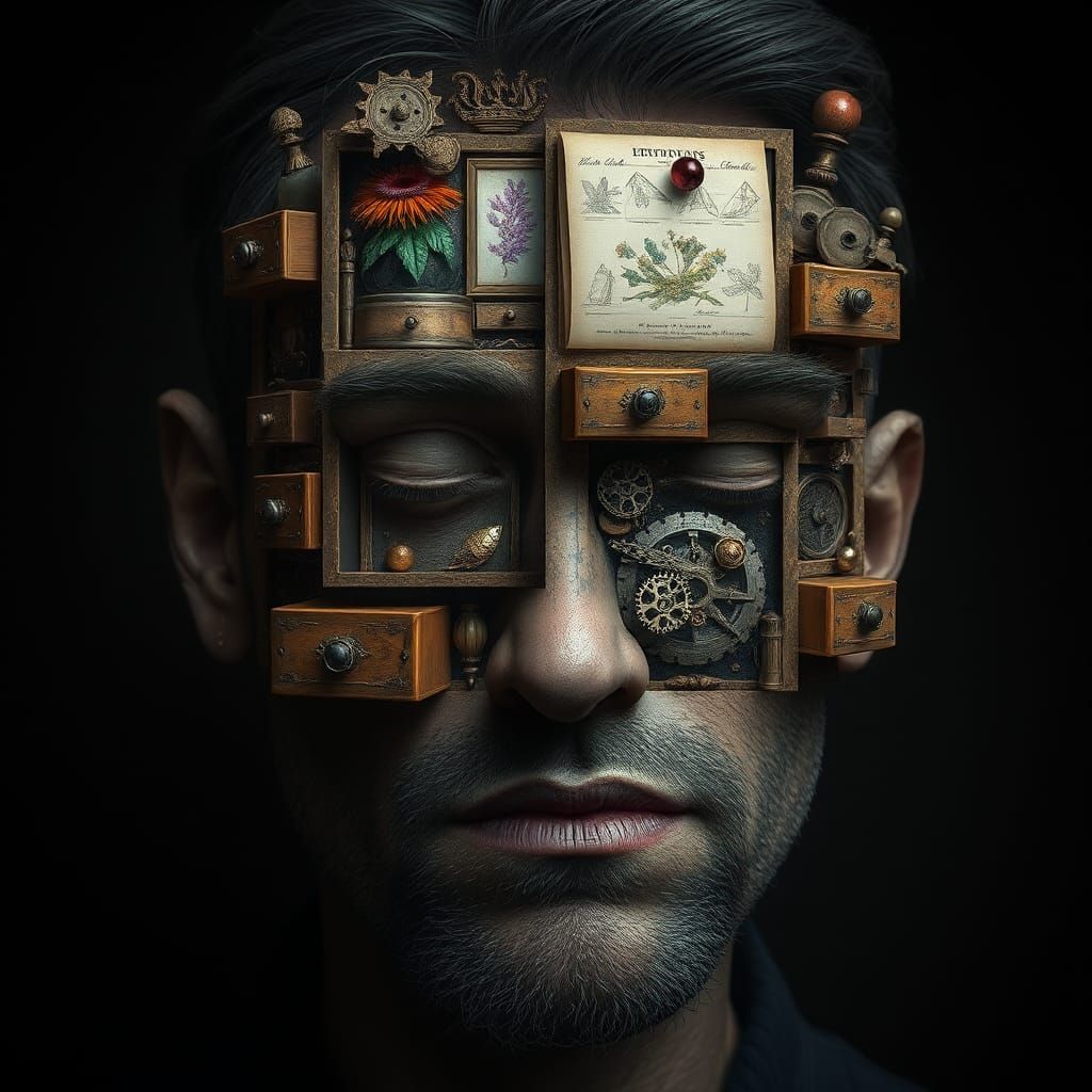 Surreal Face Melded with Cabinet of Curiosities