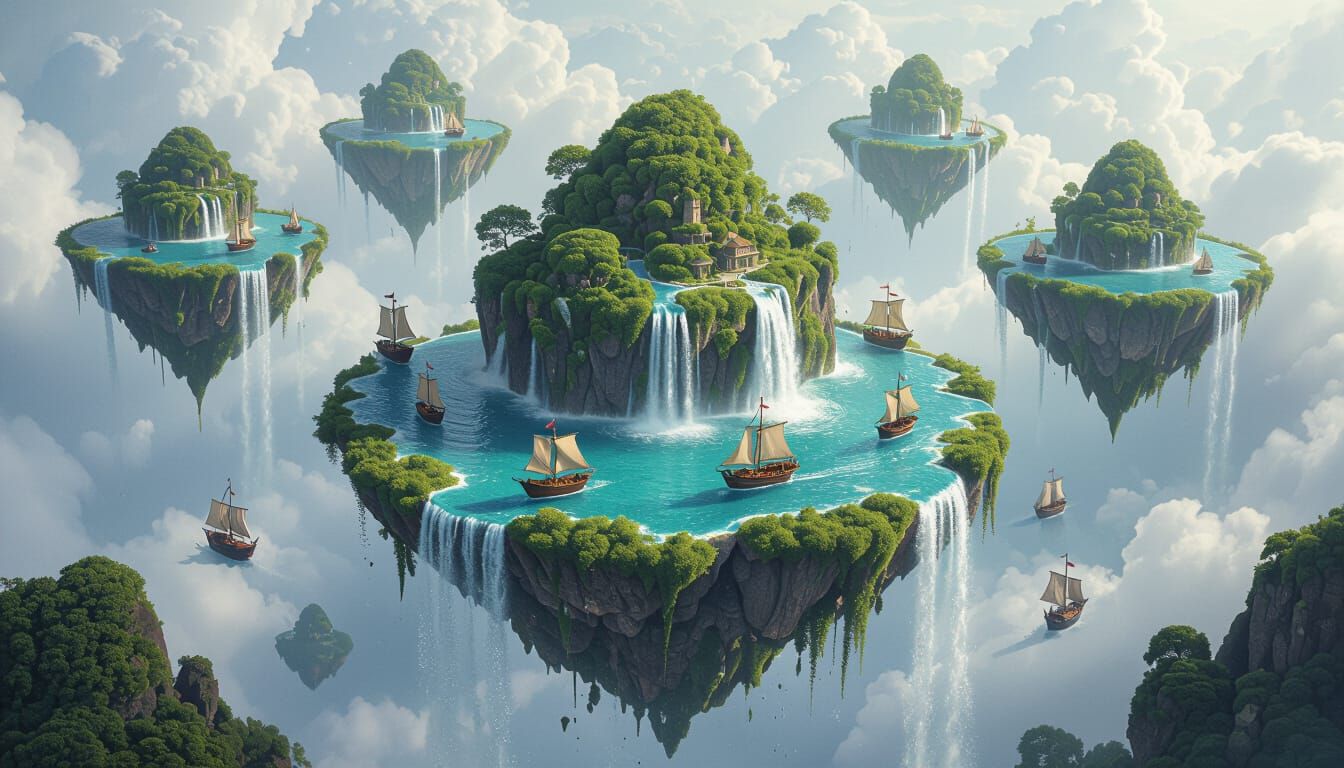 Floating Islands with Miniature Oceans and Midair Ships