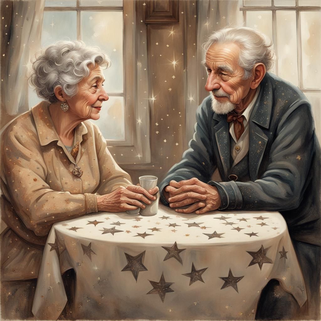 Elderly Couple Share Loving Gaze at Starry Table