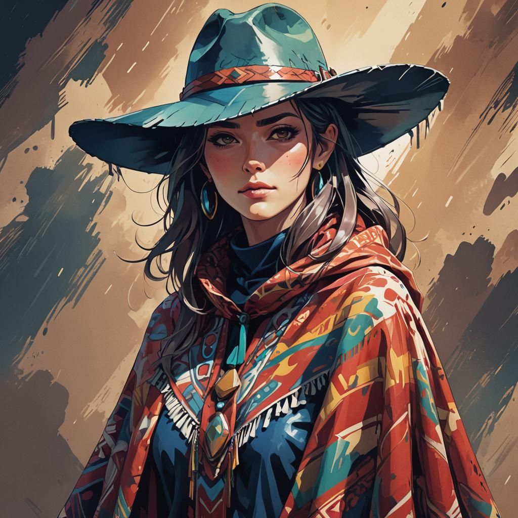 Woman Cowboy Federale Portrait in Anime Style