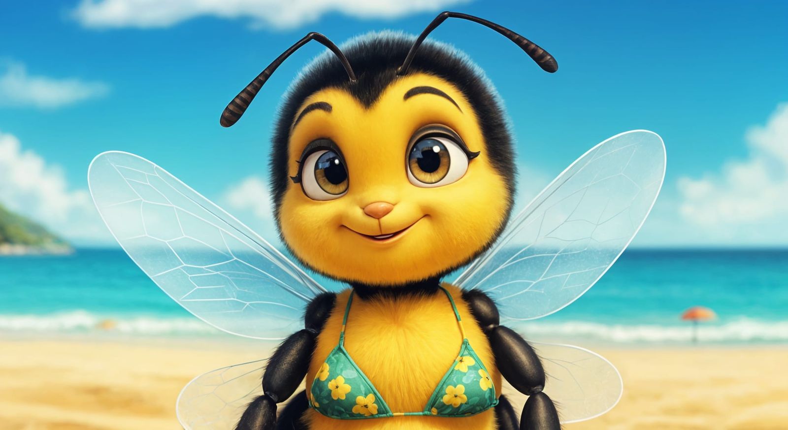 Cute Cartoon Bumblebee in Bikini at Beach