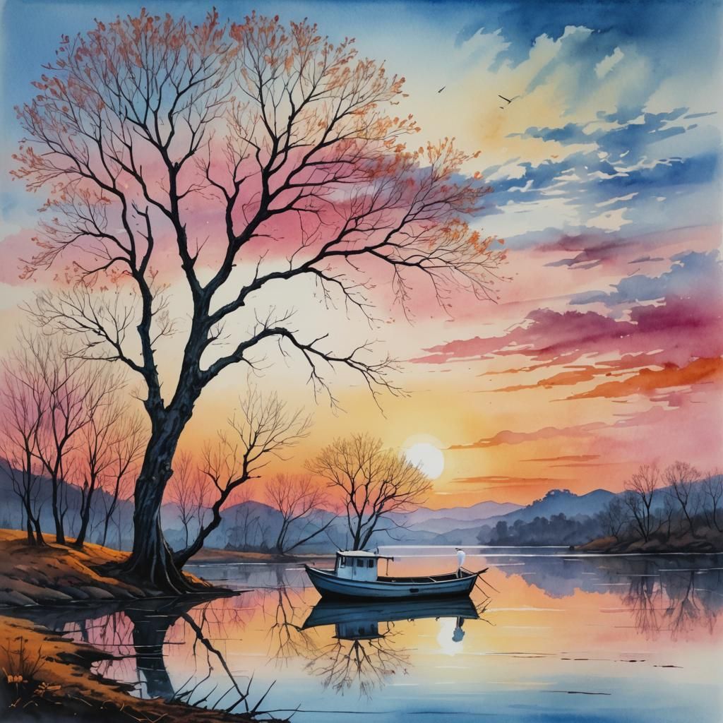 Lonely Heron in Lagoon at Sunset, Watercolor Painting