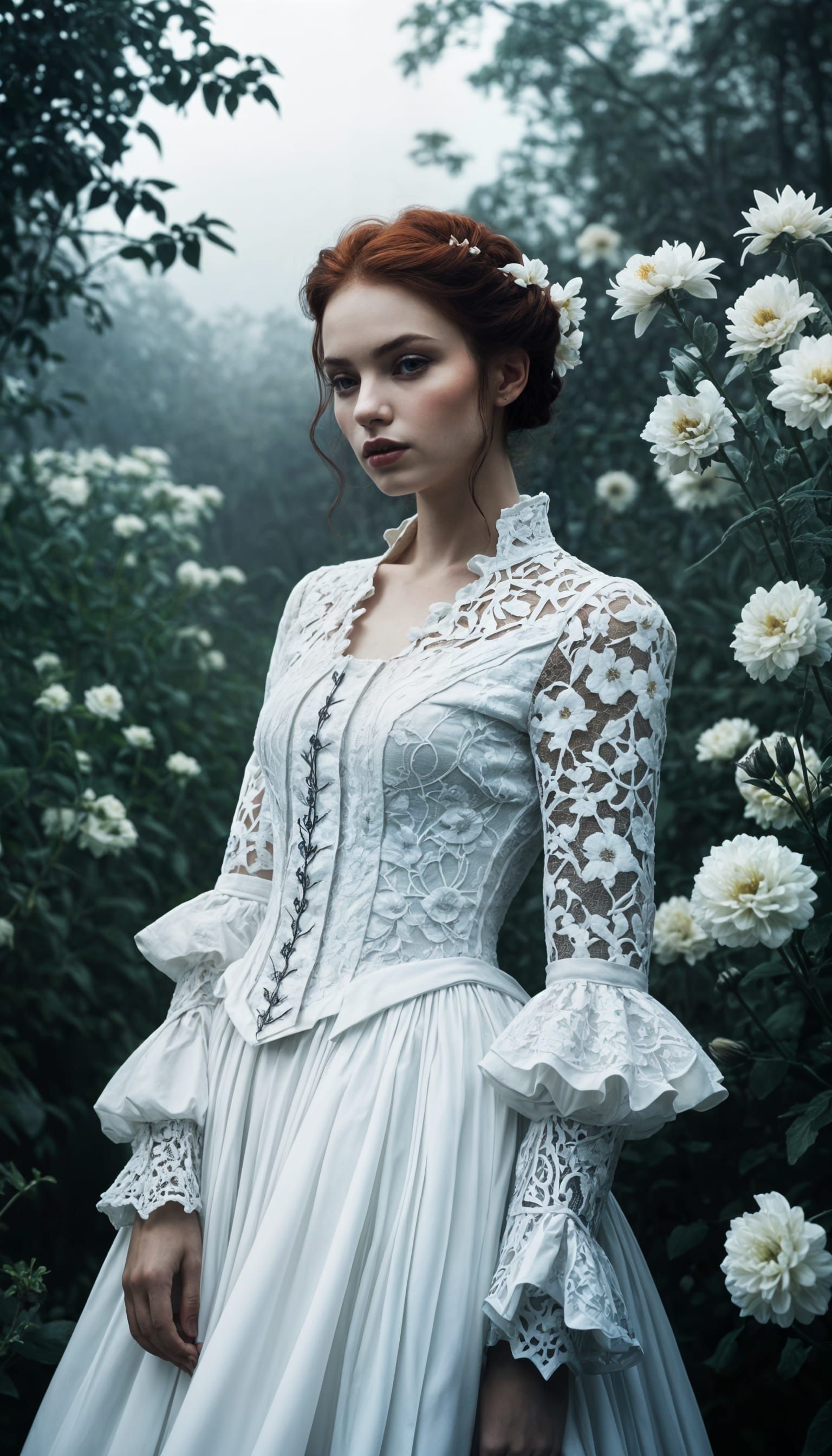 Gothic Fashion Portrait with Floral Textile Design