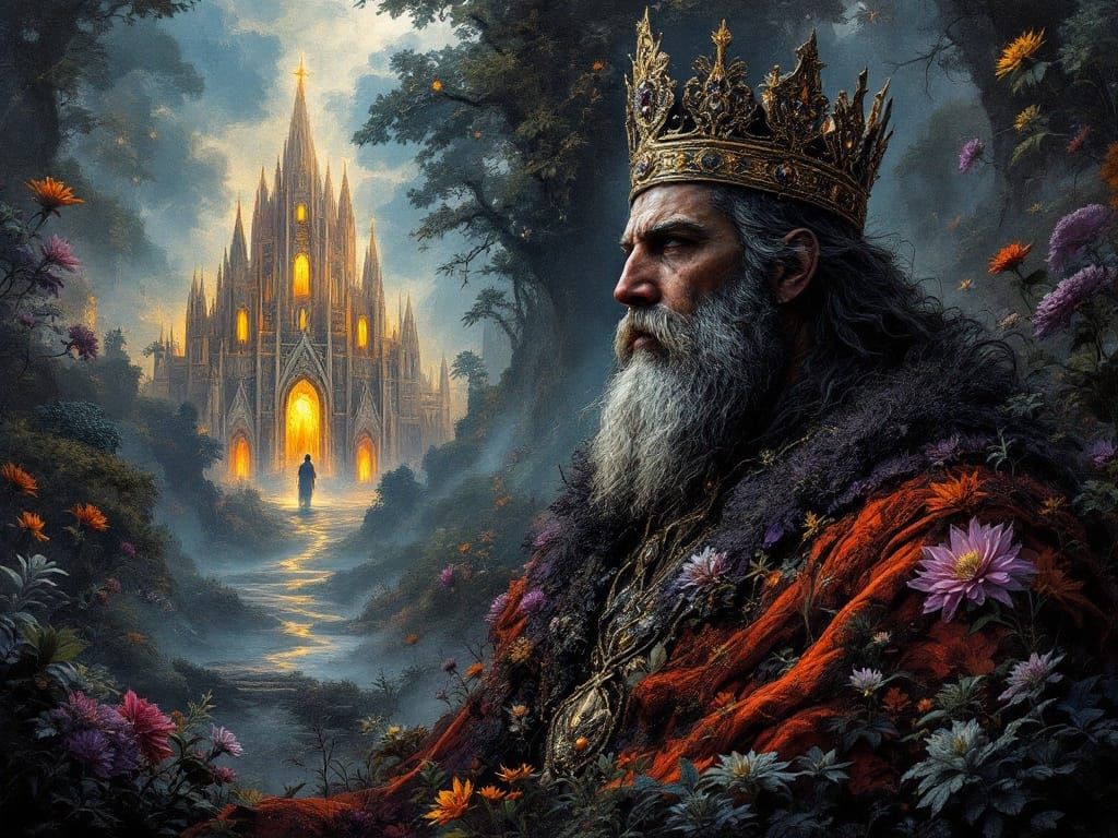 Surreal King in Grandiose Botanical Landscape