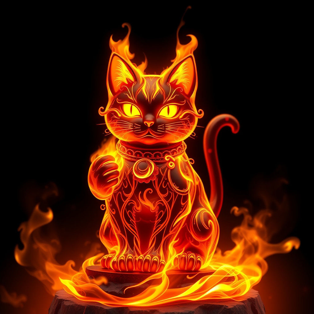 Fiery Maneki-neko Cat with Golden Light Halo