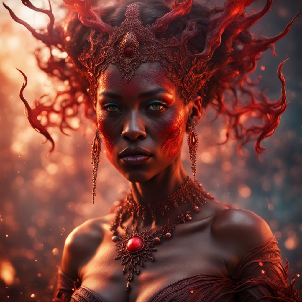 Red-Skinned Goddess of Pyrokinesis: Detailed Matte Painting