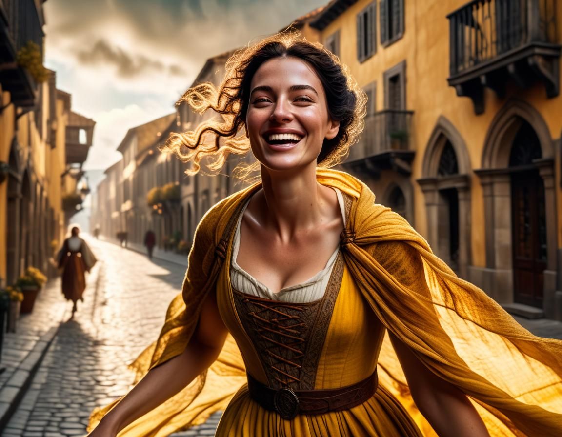 Renaissance Woman Running Through Town in Early Light