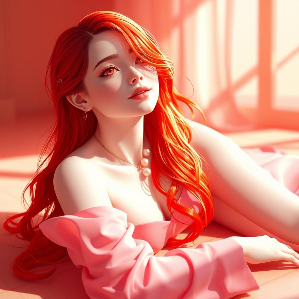 Serene Woman with Red Hair in Dreamy Anime Style