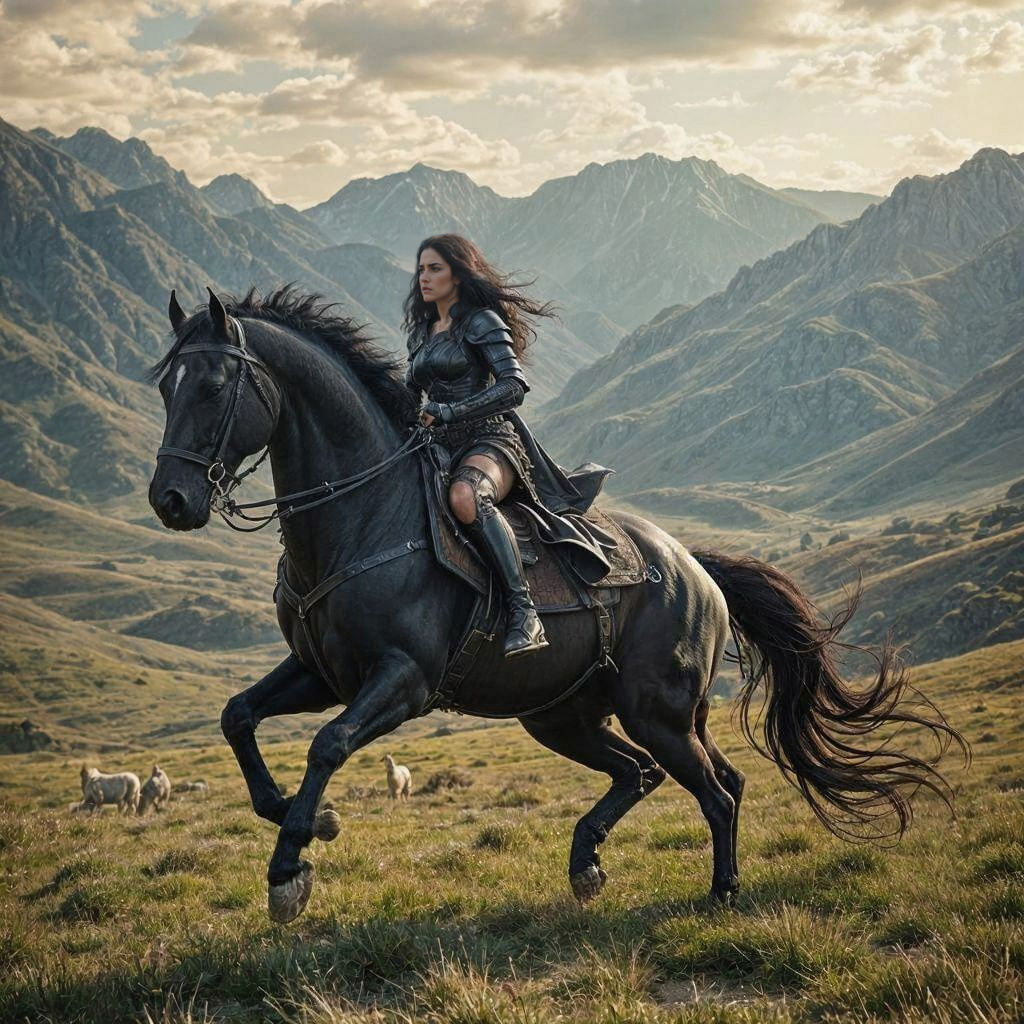 Warrior Woman on Horseback in Grassy Caldera