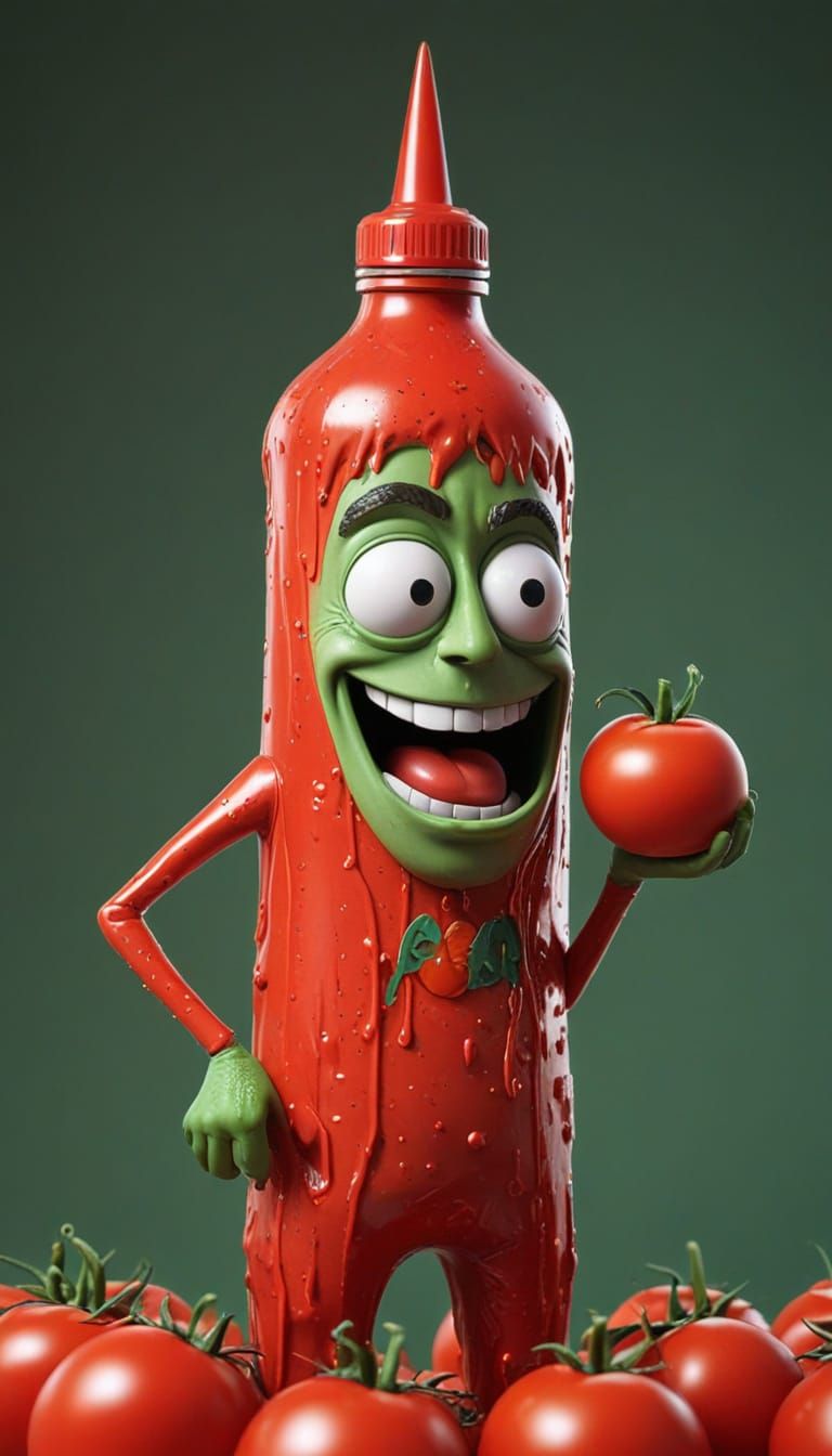 Tomato Villain with Ketchup Bottle, Comic Book Art