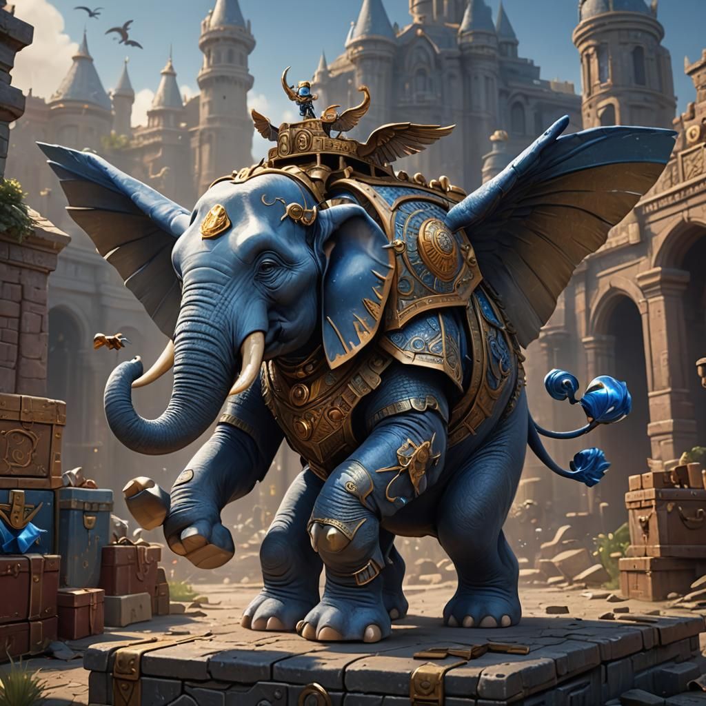 Armored Blue Elephant with Wings in Pixar Style