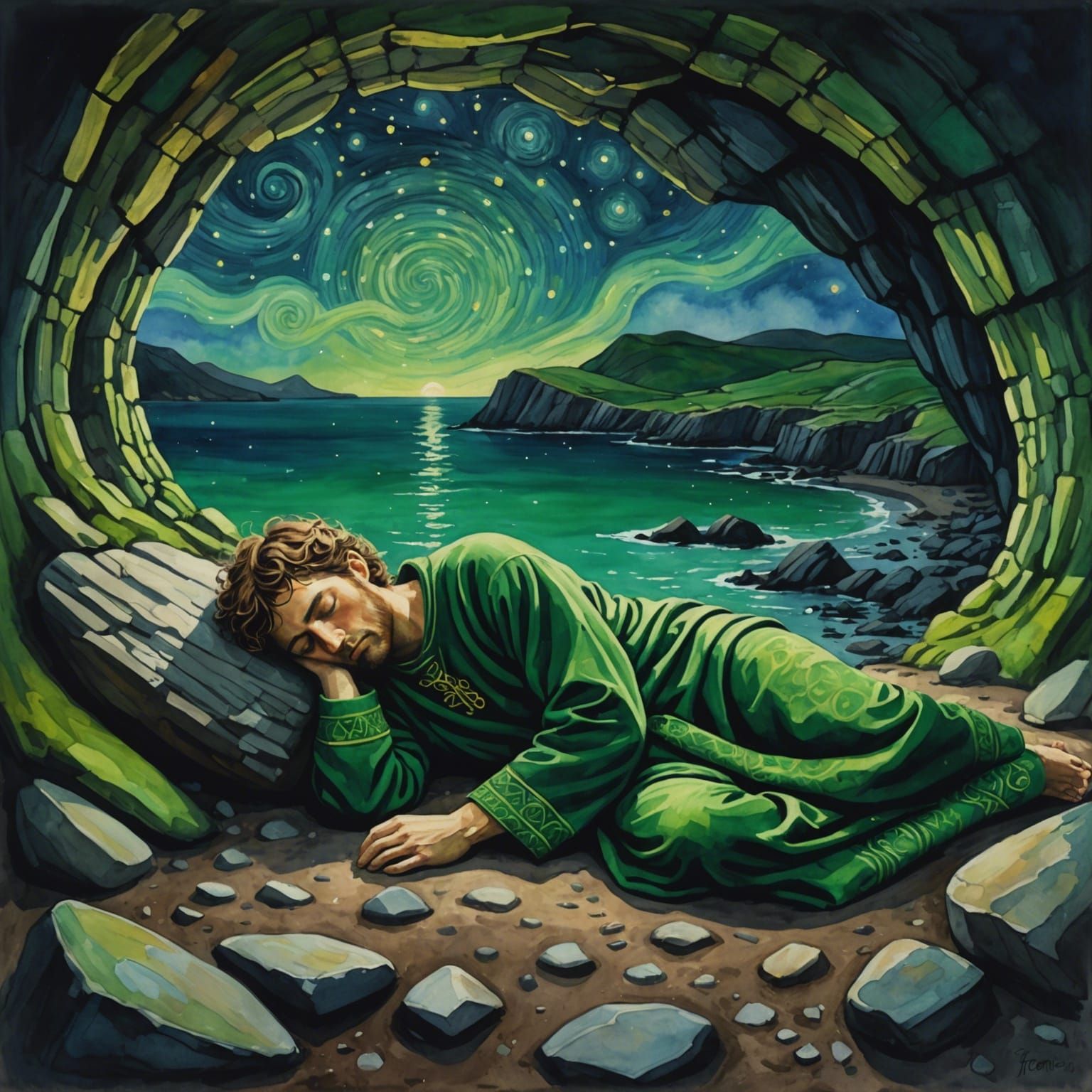 Celtic Figure Sleeping in Cave: Gouache Watercolor Art