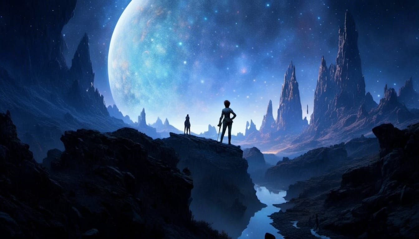 Fantasy Scene: Person Gazing at Uranus in Watercolor Style