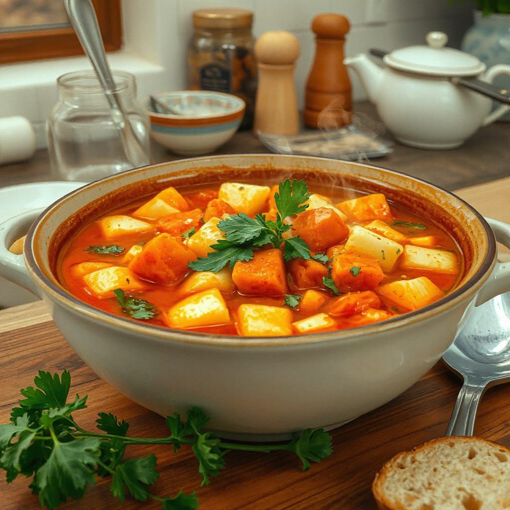 Colorful Soup Bowl in Warm Kitchen Scene