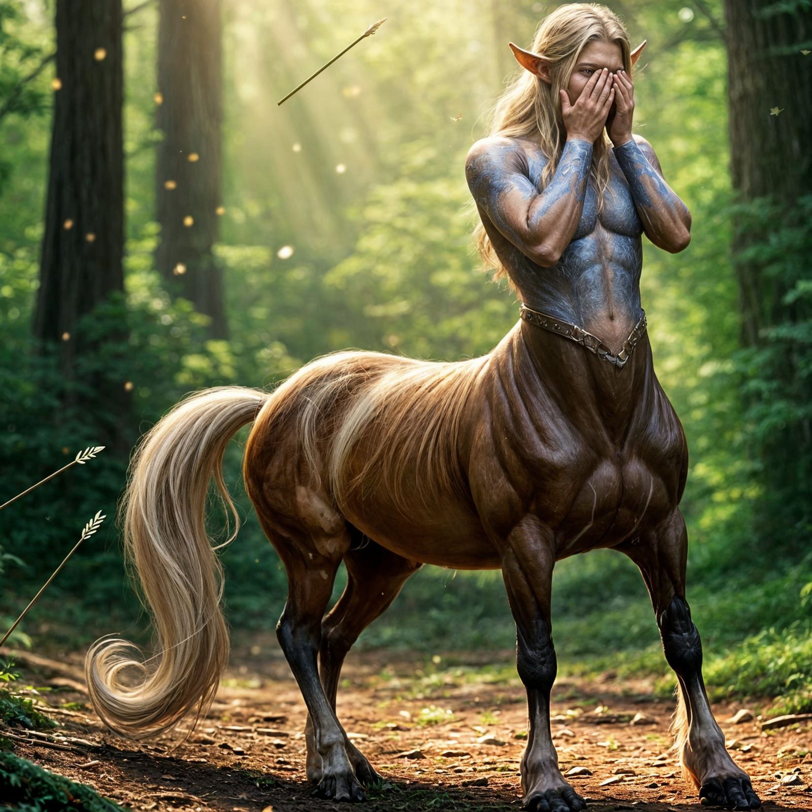 Crying Centaur in Forest Clearing: Cinematic 3D Fantasy