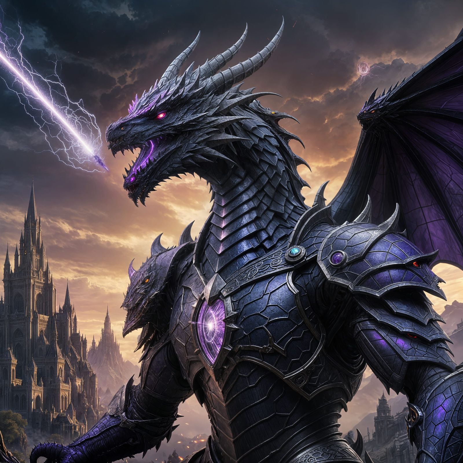 Dark Dragon Unleashes Purple Laser Beam, Fantasy Art