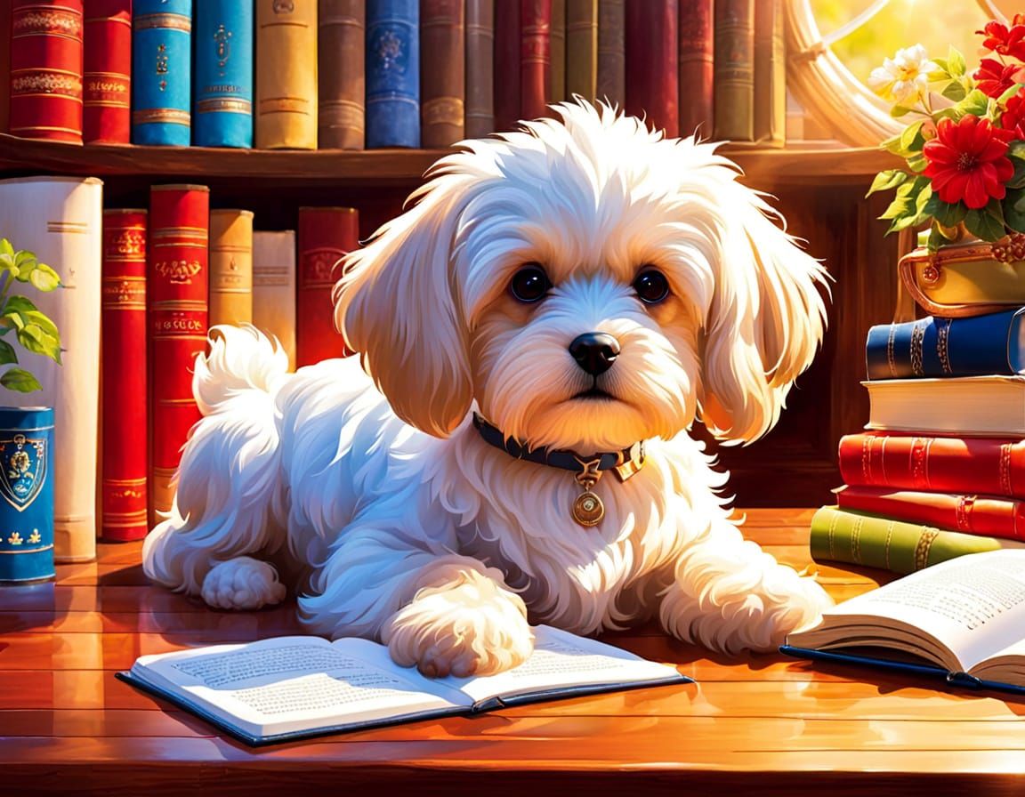 Whimsical Rainy Day Scene with a Happy Book-Loving Dog