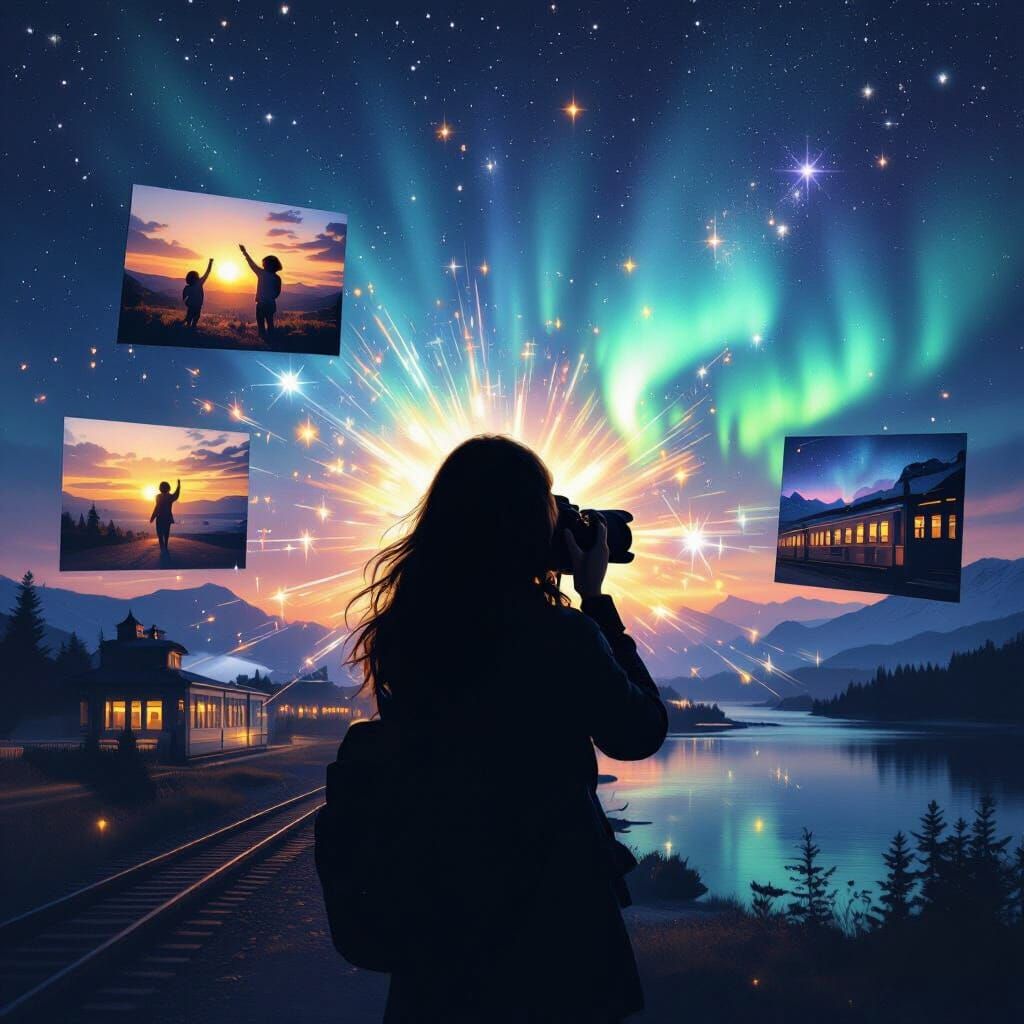 A surreal night scene featuring a silhouette of a female pho...