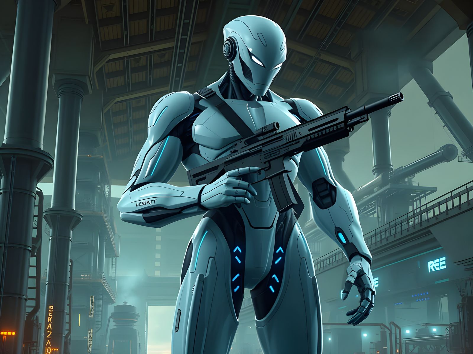 Cybernetic Android in Futuristic Industrial Complex