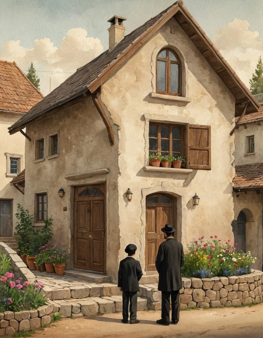 Haredi Family and Whimsical House, Vintage Illustration
