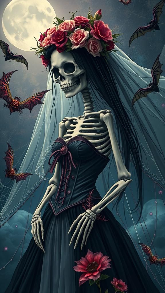 Gothic Skeleton with Dark Flowers and Bats